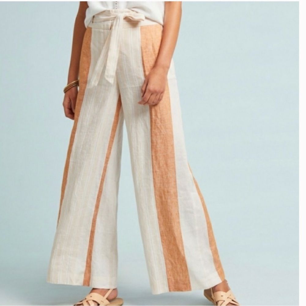 Ett:twa Anthropologie Wide‎ Leg Stipe Orange Linen Belted Lightweight Pants Sz 2